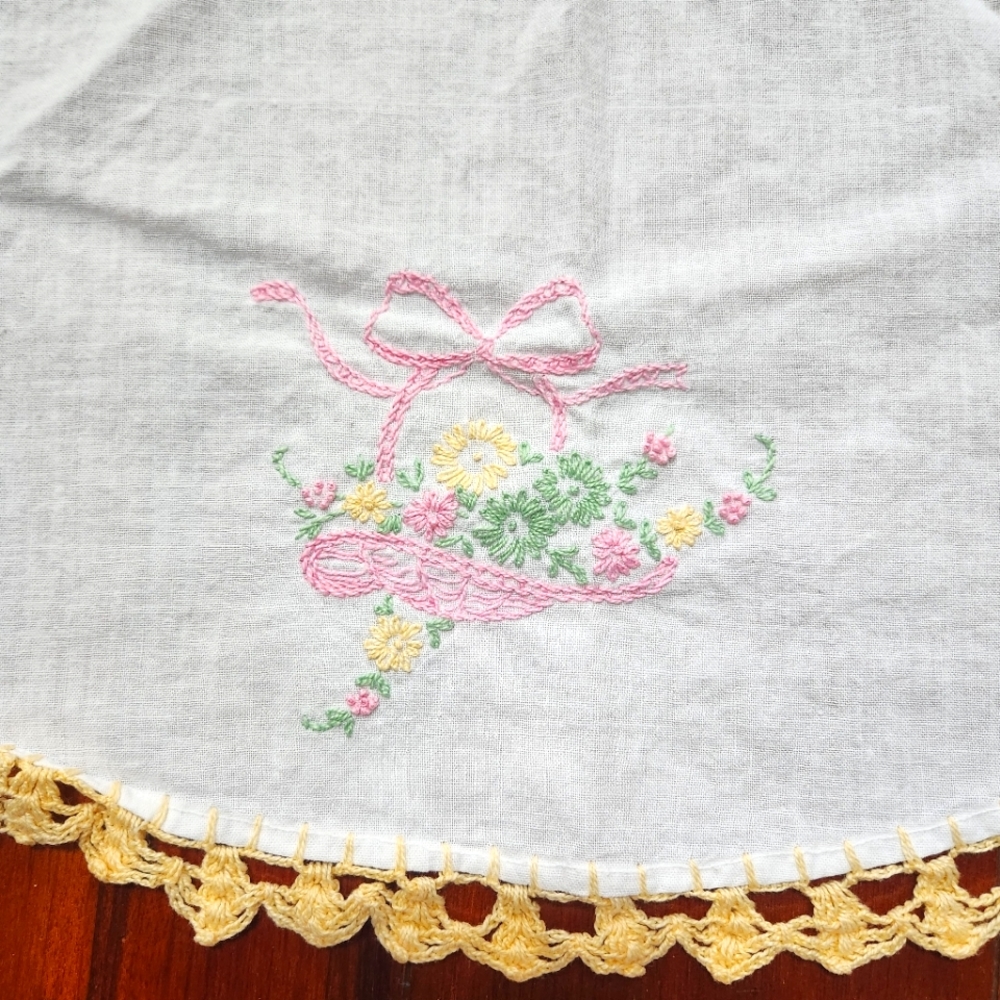 Vintage Oval Pink Embroidered Flower Basket Dresser Scarf Table Topper